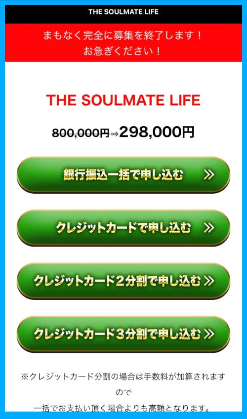 ソウルメイト（SOULMATE）の参加費用は298000円！